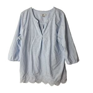 Croft & Barrow Blouse Size XXL 2XL V-Neck 3/4 Sleeves Light Blue White Stripes